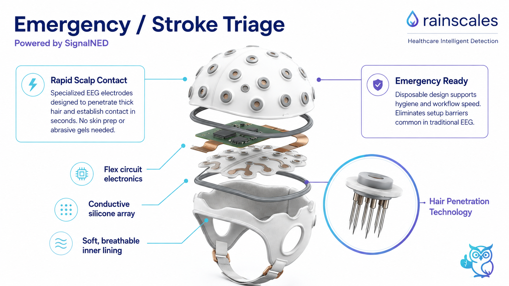 Rainscales-branded Emergency / Stroke Triage EEG cap infographic showing rapid scalp contact, emergency-ready design, hair penetration technology, flex circuit electronics, conductive silicone array, and soft breathable inner lining